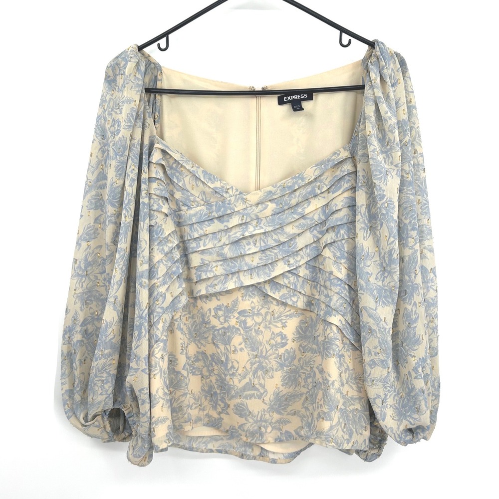 Express Womens Medium Blue Cream Floral Metallic Pleated Balloon Sleeve Blouse M - Picture 1 of 7